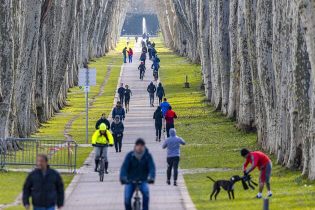 DEU, Germany, Baden Württemberg, Stuttgart, 03 04 2020 In springlike temperatures, many people from Stuttgart enjoy the fresh air in the Plane Tree Avenue in the Lower Palace Garden