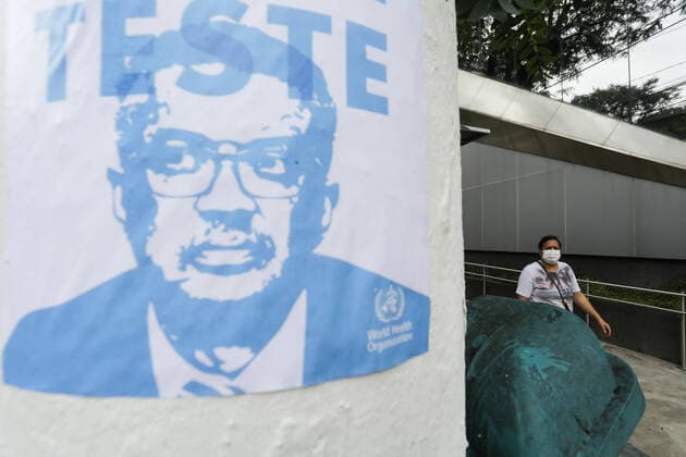 April 3, 2020: Poster with the image of the director general of the World Health Organization (WHO), Tedros Adhanom Ghebreyesus with the writing Test , is seen in the central region of the city of SoÂ£o Paulo, this Friday, 03. The world overcomes one million infected and 53,000 deaths due to the new coronavirus (covid-19). April 3, 2020. - ZUMAf145 20200403_zia_f145_003 Copyright: xFoÂ¡BioxVieira Fotoruax