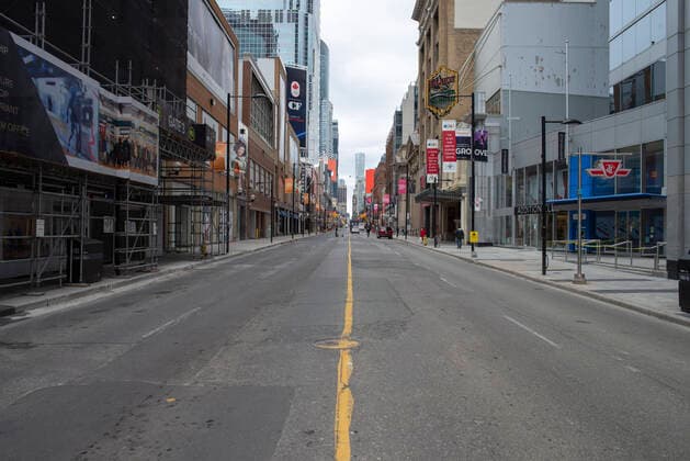 April 3, 2020: Yonge St. facing North in Toronto. With the spread of COVID-10 growing in Canada, the downtown core is significantly quieter than usual. - ZUMAc232 20200403_zip_c232_003 Copyright: xGilesxCampbellx