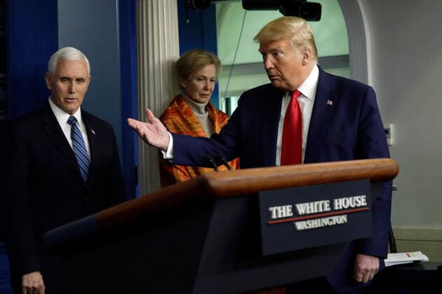 April 3, 2020, Washington, District of Columbia, USA: United States President Donald J. Trump gestures at a press briefing on the COVID-19 pandemic with members of the Coronavirus Task Force at the White House in Washington on April 3, 2020. Also pictured are US Vice President Mike Pence, left, and Dr. Deborah L. Birx, White House Coronavirus Response Coordinator, center Washington USA - ZUMAs152 20200403_zaa_s152_044 Copyright: xYurixGripasx