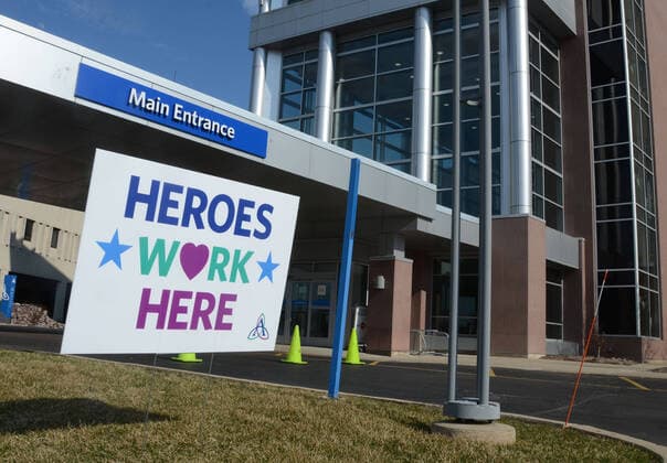 April 3, 2020, Racine, Wisconsin, USA: Signs in support of hospital staff are placed around the campus of Ascension All Saints Hospital in Racine, Wisconsin Friday April 3, 2020. An event Friday evening asks people to come to the campus and flash their car headlights to show their support to the staff. Racine County reported its first COVID-19 death Friday. Racine USA - ZUMAh154 20200403_znp_h154_004 Copyright: xMarkxHertzbergx