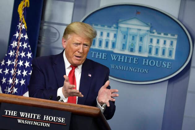 April 3, 2020, Washington, District of Columbia, USA: United States President Donald J. Trump speaks at a press briefing on the COVID-19 pandemic with members of the Coronavirus Task Force at the White House in Washington on April 3, 2020. .Credit: Pool via CNP Washington USA - ZUMAs152 20200403_zaa_s152_065 Copyright: xYurixGripasx