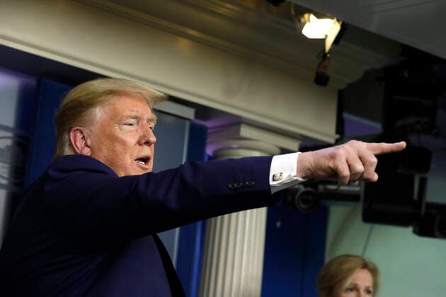 April 3, 2020, Washington, District of Columbia, USA: United States President Donald J. Trump holds a press briefing on the COVID-19 pandemic with members of the Coronavirus Task Force at the White House in Washington on April 3, 2020. .Credit: Pool via CNP Washington USA - ZUMAs152 20200403_zaa_s152_072 Copyright: xYurixGripasx