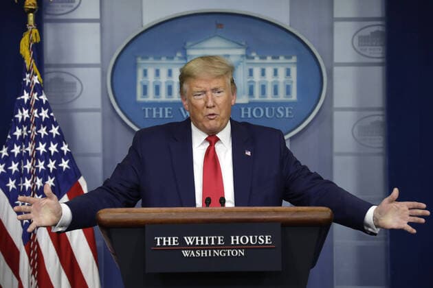 U.S. President Donald Trump speaks at a press briefing on the COVID-19 pandemic with members of the Coronavirus Task Force at the White House in Washington, DC on Friday, April 3, 2020.  WAX20200403220 YURIxGRIPAS