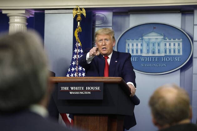 U.S. President Donald Trump speaks at a press briefing on the COVID-19 pandemic with members of the Coronavirus Task Force at the White House in Washington, DC on Friday, April 3, 2020.  WAX20200403223 YURIxGRIPAS