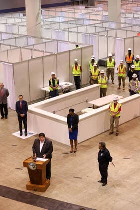 April 3, 2020, Chicago, IL, USA: Illinois Gov. J.B. Pritzker speaks during a news conference in Hall C Unit 1 of the COVID-19 alternate site at McCormick Place in Chicago on Friday, April 3, 2020. Hall C will house 500 beds. Chicago USA - ZUMAm67_ 20200403_zaf_m67_041 Copyright: xChrisxSwedax