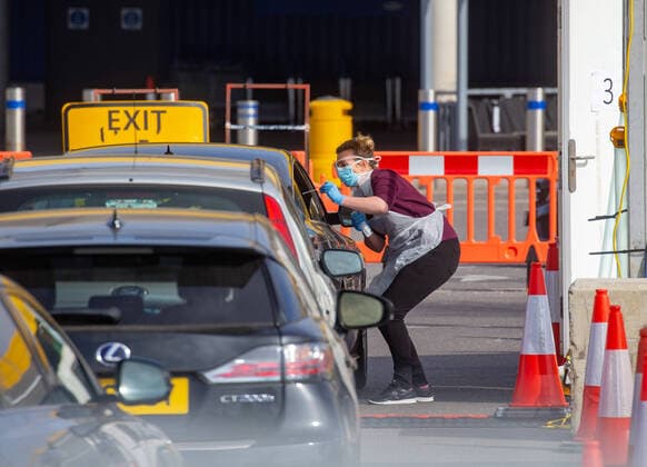 . 04 04 2020. London, United Kingdom. A drive-through testing facility for NHS staff only in the car park of IKEA Wembley. Coronavirus testing for NHS staff. IKEA Wembley.  xMarkxThomasx xi-Imagesx IIM-20987-0008