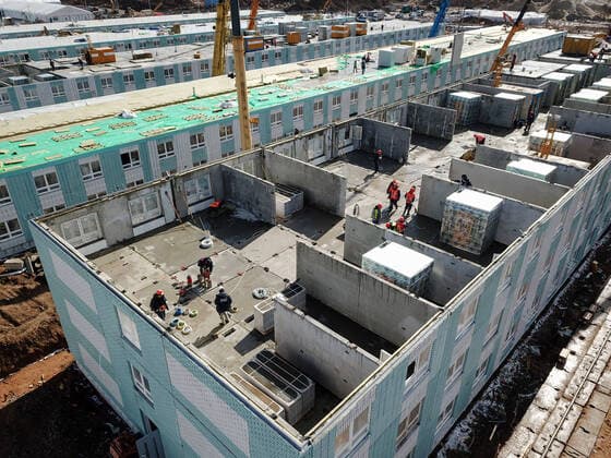 MOSCOW, RUSSIA - APRIL 4, 2020: An aerial view of the construction site of a new infectious deseases hospital for COVID-19 coronavirus patients by the village of Golokhvastovo. Mikhail Japaridze TASS  TS0D4688