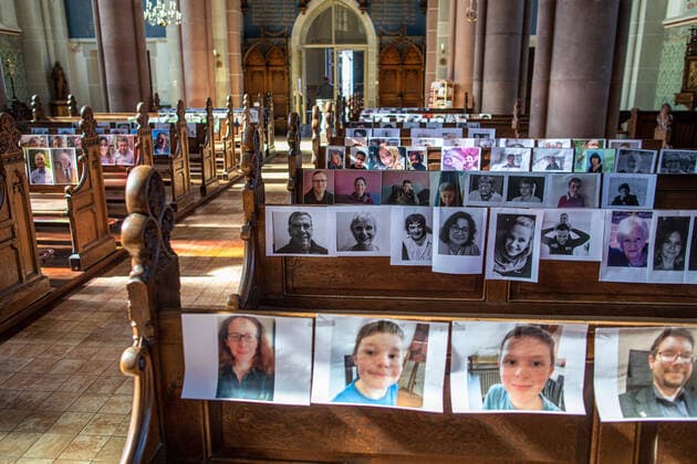 24 04 2020, Schaephuysen , In the parish of St Hubertus at the main road 20 in Schaephuysen a mass is recorded for the internet The villagers have printed out pictures of themselves, these were then hung on the pews
