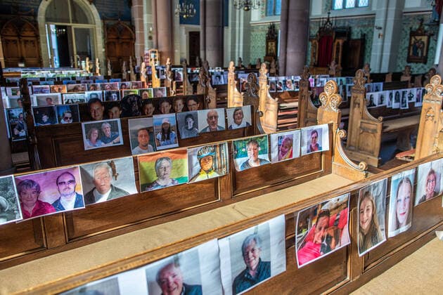 24 04 2020, Schaephuysen , In the parish of St Hubertus at the main road 20 in Schaephuysen a mass is recorded for the internet The villagers have printed out pictures of themselves, these were then hung on the pews