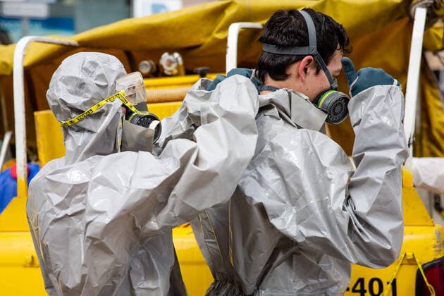 April 4, 2020, Terrassa, BARCELONA, Spain: The ADF disinfecting and cleaning public spaces as a measure to prevent the spread of the coronavirus. In Terrassa, Barcelona, Spain, April 04 on 2020. Terrassa Spain - ZUMAa181 20200404_zaa_a181_032 Copyright: xXavixBonillax