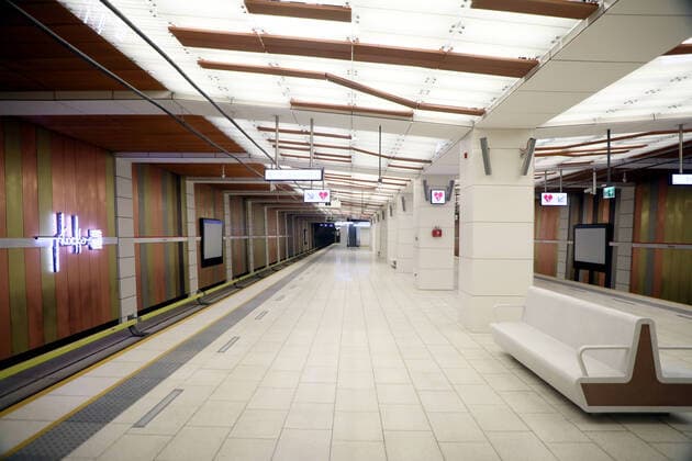 Three new underground station open in Warsaw Three new underground stations have been opened during the coronavirus outbreak on April 04, 2020 in Warsaw, Poland Pictured: Plocka Underground Station EN_01423401_0101 