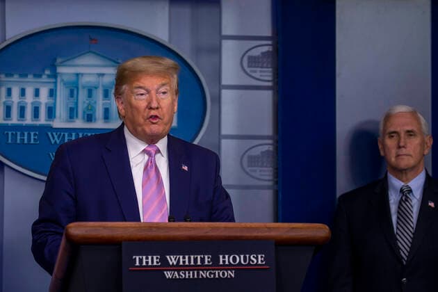 April 4, 2020, Washington, District of Columbia, USA: United States President Donald J. Trump speaks as US Vice President Mike Pence at the coronavirus briefing at the White House Washington, D.C., U.S., on Saturday, April 4, 2020. New York s death toll from coronavirus on Saturday surpassed 3,500 as confirmed cases rose to 113,704, bringing the U.S. total to more than 7,700 fatalities and 287,000 cases. .Credit: Pool via CNP Washington USA - ZUMAs152 20200404_zaa_s152_006 Copyright: xTasosxKatopodisx