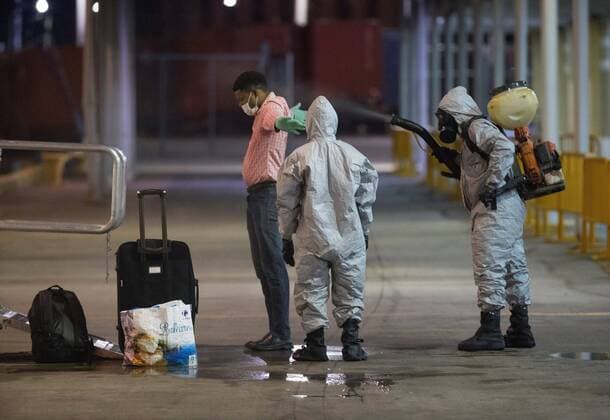 A man aboard the Marella Discovery 2 Cruise ship is disinfected after the docking of the ship is authorized for humanitarian reasons for the disembarkation of 32 members of his crew who are Dominican citizens, and who asked to return to the country instead of continuing the sailing trip to Europe, this Saturday in Santo Domingo, Dominican Republic 4 April 2020. The 32 people will be transferred directly to a quarantined social isolation center, in order to comply with the Protocol established by the Ministry of Public Health. The number of deaths in the Dominican Republic from the coronavirus rose to 77 people, while 1,578 are infected, as of today. Landing of the Marella Discovery 2 cruise ship for Dominican crew and citizens !ACHTUNG: NUR REDAKTIONELLE NUTZUNG!  Copyright: xOrlandoxBarríax AME286 20200405-637216580111217291