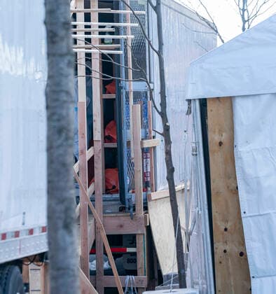 Coronavirus pandemic in NYC as seen on April 4 Bodies of deceased patients in orange bags seen in makeshift refrigirated morgue set outside of Wyckoff Heights Medical Center in Brooklyn New York New York United States Copyright: LevxRadin