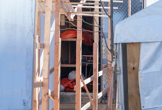 Coronavirus pandemic in NYC as seen on April 4 Bodies of deceased patients in orange bags seen in makeshift refrigirated morgue set outside of Wyckoff Heights Medical Center in Brooklyn New York New York United States Copyright: LevxRadin