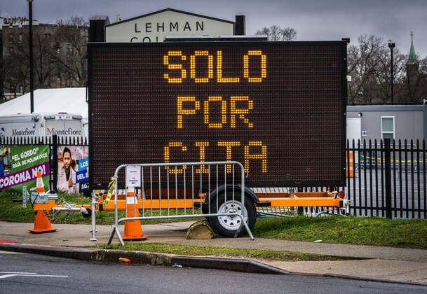 NYC: Covid19 Testing at Lehman College Covid-19 testing site at Lehman College in The Bronx. Testing is by appointment only from 7am to 7pm. Call 888-364-3065 for an appointment. Bronx New York United States Copyright: StevexSanchez