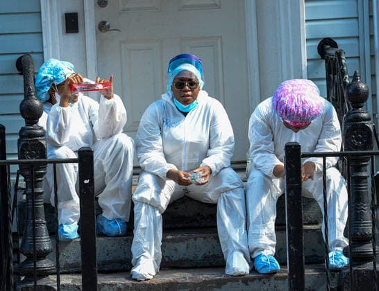 April 4, 2020, New Yok Brooklyn: Nurses putting their names on protective clothing to be worn many times resting outside the Wyckoff Heights Medical Center in Brooklyn. 04 04 20 New York Brooklyn. New Yok Brooklyn - ZUMAs252 20200404_znp_s252_011 Copyright: xMarcusxSantosx
