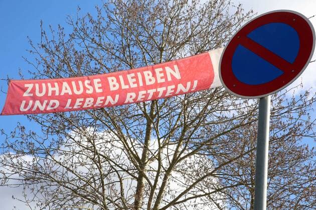 View on Saturday 04 04 2020 at the access road to the Hanseatic City of Anklam County District of Vorpommern Greifswald of a banner indicating the protection of the citizens from the corona virus The city is currently making it clear in several places in the town that the containment of Covid 19 depends on each individual