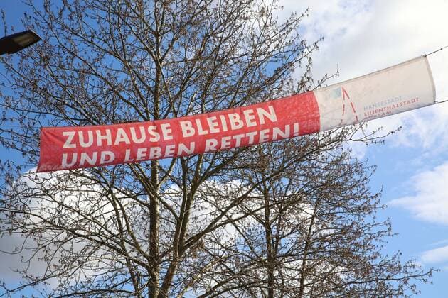 View on Saturday 04 04 2020 at the access road to the Hanseatic City of Anklam County District of Vorpommern Greifswald of a banner indicating the protection of the citizens from the corona virus The city is currently making it clear in several places in the town that the containment of Covid 19 depends on each individual