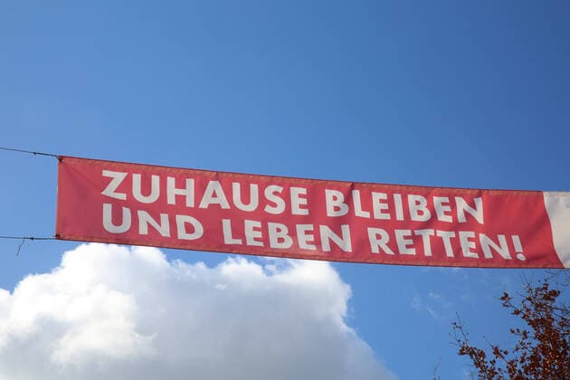 View on Saturday 04 04 2020 at the access road to the Hanseatic City of Anklam County District of Vorpommern Greifswald of a banner indicating the protection of the citizens from the corona virus The city is currently making it clear in several places in the town that the containment of Covid 19 depends on each individual