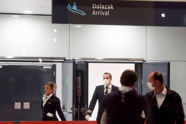 PXL_Return Croatian citizens in Zagreb 04.04.2020., Franjo Tudjman Airport Zagreb, Zagreb, Croatia - Croatian citizens arrived by extraordinary Croatia Airlines flights from Portugal, Spain, Italy and Sweden in Zagreb. Croatia Airlines, in coordination with the Croatian government, sent a Bombardier Q400 aircraft that landed at Zagreb at around 8 pm. POOL