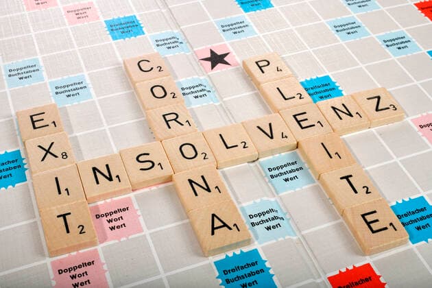 Letter game, symbol image, letters form the words Insolvency, Bankruptcy, Exit and Corona, Corona crisis, Germany Coronavirus