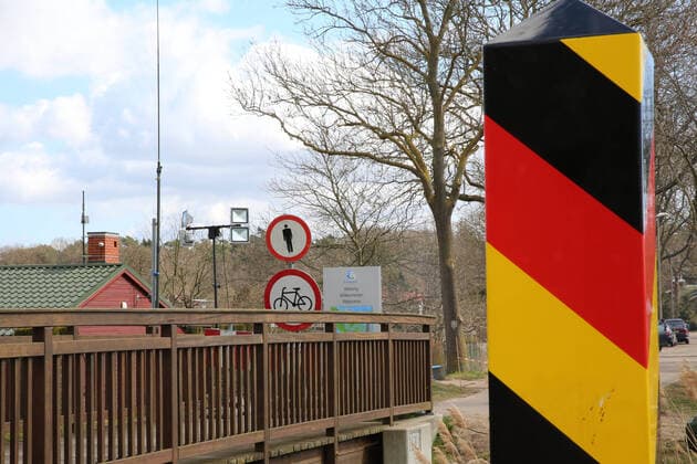 View on Saturday 04 04 2020 in Kamminke County Vorpommern Greifswald Island Usedom of the blocked border crossing to Poland The German neighbouring country has forbidden any border traffic for quite some time