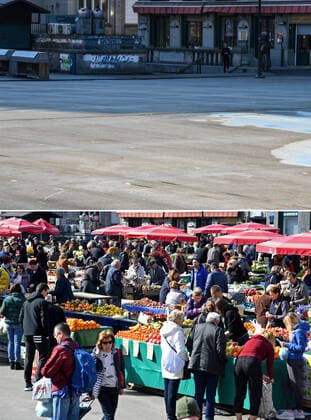 Life in Croatia before and during pandemic of coronvirus 04.04.2020., Zagreb, Croatia - Combo photo shows people at Dolac Market in Zagreb, Croatia on March 14, 2020 (bottom) and empty market of the same place during the COVID-19 pandemic on April 3, 2020. JosipxRegovic PIXSELL