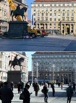 Life in Croatia before and during pandemic of coronvirus 04.04.2020., Zagreb, Croatia - Combo photo shows people at Ban Josip Jelacic Square in Zagreb, Croatia on January 14, 2018 (bottom) and empty square of the same place during the COVID-19 pandemic on April 3, 2020. PIXSELL