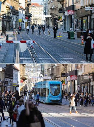 Life in Croatia before and during pandemic of coronvirus 04.04.2020., Zagreb, Croatia - Combo photo shows people on Ilica Street in Zagreb, Croatia on March 12, 2020 (bottom) and empty street of the same place during the COVID-19 pandemic on April 3, 2020. PIXSELLPIXSELL