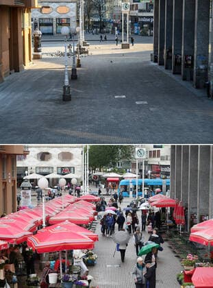 Life in Croatia before and during pandemic of coronvirus 04.04.2020., Zagreb, Croatia - Combo photo shows people on Splavnica Street in Zagreb, Croatia on May 27, 2019 (bottom) and empty street of the same place during the COVID-19 pandemic on April 3, 2020. PIXSELLPIXSELL