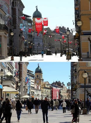 Life in Croatia before and during pandemic of coronvirus 04.04.2020., Rijeka, Croatia - Combo photo shows people on Rijeka s main street Korzo in Rijeka, Croatia on March 3, 2019 (bottom) and the empty street of the same place during the COVID-19 pandemic on March 31, 2020. GoranxKovacic PIXSELL