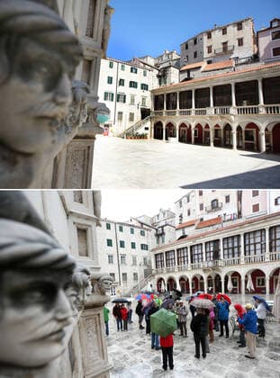 Life in Croatia before and during pandemic of coronvirus 04.04.2020., Sibenik, Croatia - Combo photo shows people at Square of the Republic of Croatia in Sibenik, Croatia on April 16, 2017 (bottom) and the empty square of the same place during the COVID-19 pandemic on April 1, 2020. DuskoxJaramaz PIXSELL