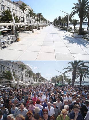 Life in Croatia before and during pandemic of coronvirus 04.04.2020., Split, Croatia - Combo photo shows people at the Riva promenade in Split, Croatia on May 7, 2020 (bottom) and empty promenade of the same place during the COVID-19 pandemic on April 1, 2020. IvoxCagalj PIXSELL