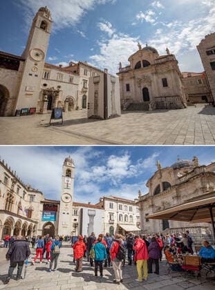 Life in Croatia before and during pandemic of coronvirus 04.04.2020., Dubrovnik, Croatia - Combo photo shows people in front of the Church of St. Blaise in Dubrovnik, Croatia on April 30, 2019 (bottom) and empty street of the same place during the COVID-19 pandemic on April 1, 2020. Photo. Grgo Jelavic PIXSELL GrgoxJelavic PIXSELL