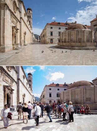 Life in Croatia before and during pandemic of coronvirus 04.04.2020., Dubrovnik, Croatia - Combo photo shows tourists visit Large Onofrio s Fountain and Franciscan Monastery in Dubrovnik, Croatia on April 17, 2019 (bottom) and empty street of the same place during the COVID-19 pandemic on April 1, 2020. Photo. Grgo Jelavic PIXSELL GrgoxJelavic PIXSELL