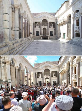 Life in Croatia before and during pandemic of coronvirus 04.04.2020., Split, Croatia - Combo photo shows people at Peristyle Square in Split, Croatia on May 27, 2017 (bottom) and empty square of the same place during the COVID-19 pandemic on April 1, 2020. IvoxCagalj PIXSELL