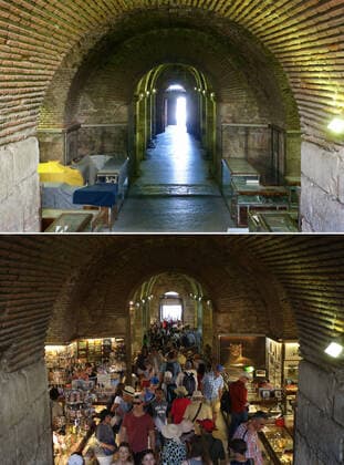 Life in Croatia before and during pandemic of coronvirus 04.04.2020., Split, Croatia - Combo photo shows tourists visit Cellars of Diocletian s Palace in Split, Croatia on September 20, 2018 (bottom) and empty cellars of the same place during the COVID-19 pandemic on April 1, 2020. IvoxCagalj PIXSELL