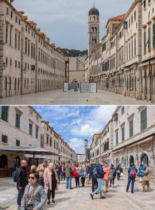 Life in Croatia before and during pandemic of coronvirus 04.04.2020., Dubrovnik, Croatia - Combo photo shows people take a walk on Stradun street, the main street in Dubrovnik Old Town, Croatia on April 29, 2019 (bottom) and empty street of the same place during the COVID-19 pandemic on March 28. Photo. Grgo Jelavic PIXSELL GrgoxJelavic PIXSELL