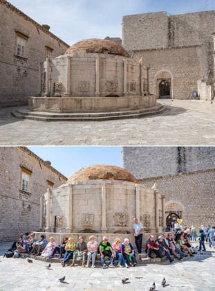 Life in Croatia before and during pandemic of coronvirus 04.04.2020., Dubrovnik, Croatia - Combo photo shows tourists visit Large Onofrio s Fountain in Dubrovnik, Croatia on April 16, 2019 (bottom) and empty street of the same place during the COVID-19 pandemic on April 1, 2020. Photo. Grgo Jelavic PIXSELL GrgoxJelavic PIXSELL