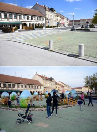 Life in Croatia before and during pandemic of coronvirus 04.04.2020., Koprivnica, Croatia - Combo photo shows people at Zrinski Square, main square in Koprivnica, Croatia on April 2, 2019 (bottom) and empty square of the same place during the COVID-19 pandemic on April 1, 2020. DamirxSpehar PIXSELL