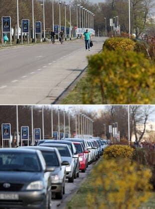 Life in Croatia before and during pandemic of coronvirus 04.04.2020., Zagreb, Croatia - Combo photo shows people on Lake Jarun in Zagreb, Croatia on March 14, 2020 (bottom) and almost empty lake of the same place during the COVID-19 pandemic on April 3, 2020. IgorxKralj PIXSELL