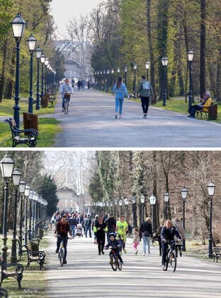 Life in Croatia before and during pandemic of coronvirus 04.04.2020., Zagreb, Croatia - Combo photo shows people in park Maksimir in Zagreb, Croatia on March 11, 2018 (bottom) and almost empty park of the same place during the COVID-19 pandemic on April 3, 2020. PIXSELLPIXSELL