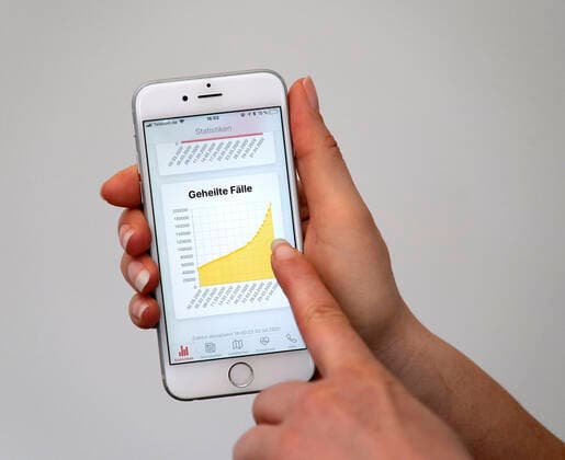 05 04 2020, Coronavirus App on a Smartphone Curve for the cured corona cases in Germany Status 1 4 2020 05 04 2020, Coronavirus App on the Smartphone 05 04 2020, Coronavirus App on the Smartphone