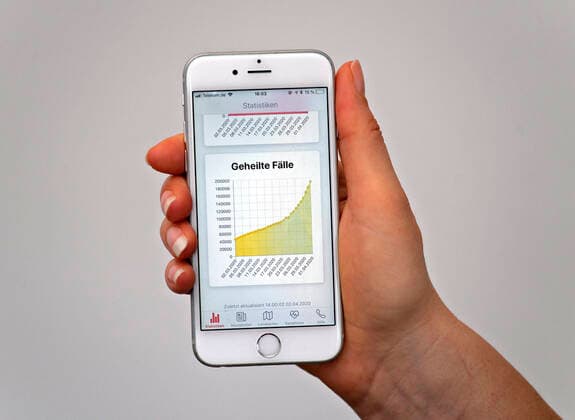 05 04 2020, Coronavirus App on a Smartphone Curve for the cured corona cases in Germany Status 1 4 2020 05 04 2020, Coronavirus App on the Smartphone 05 04 2020, Coronavirus App on the Smartphone