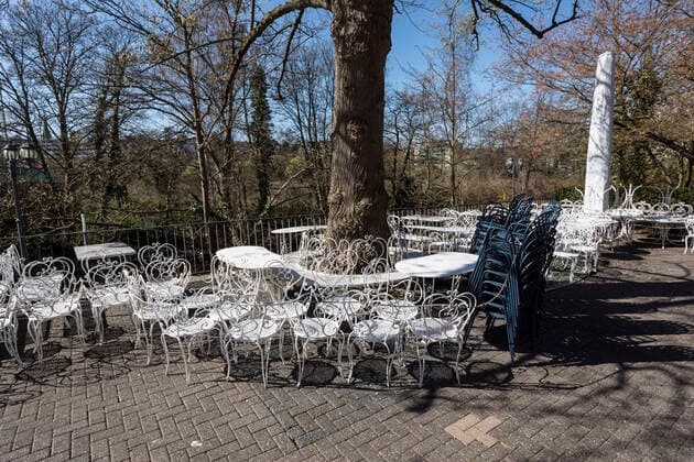 Closed beer garden in fantastic spring weather, on the river bank in Mülheim an der Ruhr