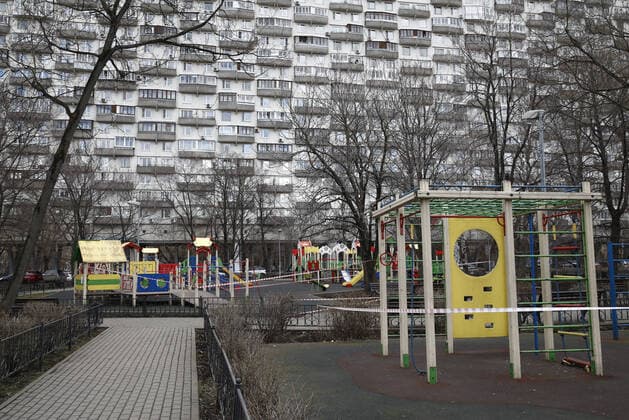 MOSCOW, RUSSIA - APRIL 5, 2020: Children s playgrounds taped off due to a home isolation order on Prospekt Mira Street; according to the Russian Federal Service for Consumer Protection and Welfare Supervision (Rospotrebnadzor), there are 3,893 residents diagnosed with COVID-19 in Moscow. Artyom Geodakyan TASS  TS0D477A