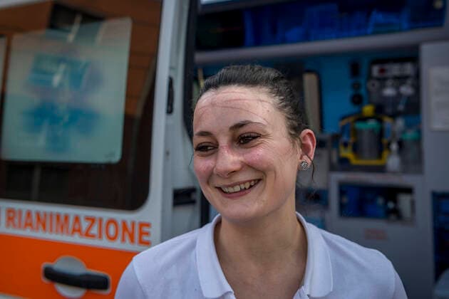 Milan. Green Cross volunteers and health workers intervene with the 118 emergency calls on the cases of COVID19 coronavirus preparation and transport to hospital. In the photo the signs of the glasses and masks of a volunteer. (Carlo Cozzoli Fotogramma, Milan - 2020-04-05) p.s. la foto e utilizzabile nel rispetto del contesto in cui e stata scattata, e senza intento diffamatorio del decoro delle persone rappresentate  Copyright: xCarloxCozzolix xFOTOGRAMMAx