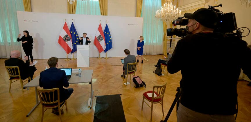 Vienna 04 04 2020, Federal Chancellery, Vienna, AUT, Current developments on corona disease in Austria, press conference, Challenges in sport in times of the corona crisis, in the picture Vice Chancellor Werner Kogler Gruene Vice Chancellor Werner Kogler Gruene during a press conference on the subject Challenges in sport in times of the corona crisis of Austrian Goverment about the cor  EP_pool